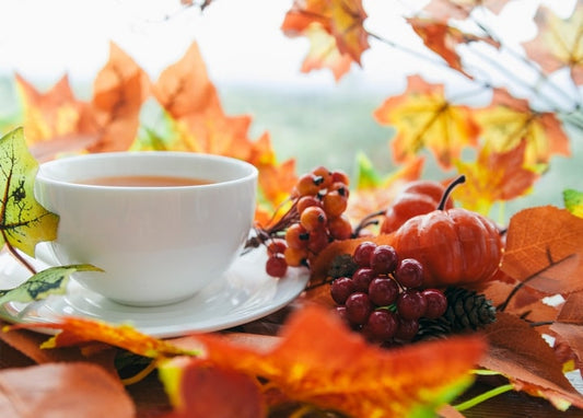 Teacup surrounded by autumn leaves, a mini pumpkin, rowan berries and a pinecone