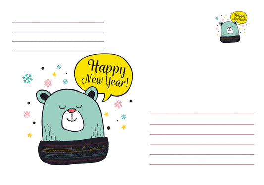 «Ілюстрований м'ятний ведмедик у смугастому шарфику з написом «Happy New Year!» на конверті»