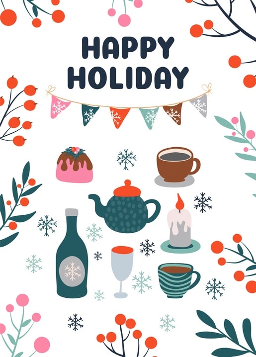 Illustrated teapot, candle, mulled wine and holiday treats