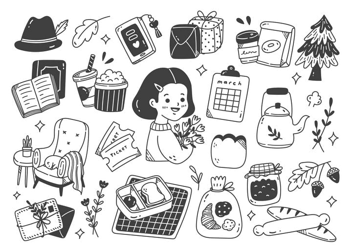 Gemütliche Doodle-Postkarte mit Teekanne, Popcorn, Kinokarten, Geschenk und Marmeladenglas