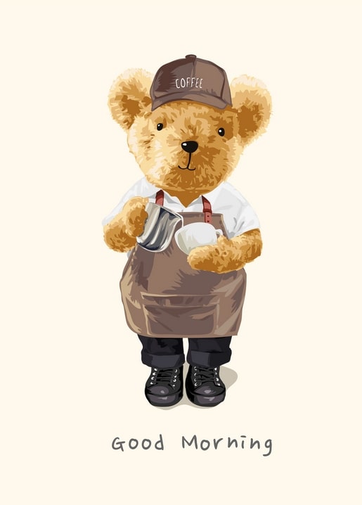 Illustrierter Teddybär als Barista mit Kaffeetasse, Kappe mit Aufschrift COFFEE