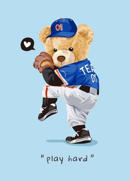 Teddybär im Baseball-Trikot holt zum Wurf aus, daneben schwebt ein Herz