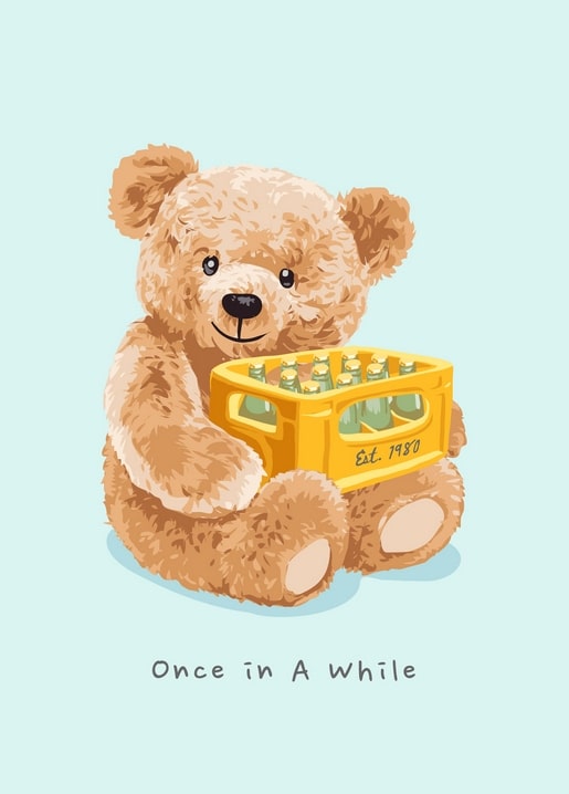 Illustrierter Teddybär umarmt eine gelbe Bierkiste mit der Aufschrift Est. 1980