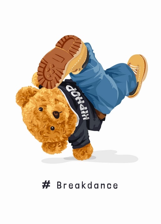 Teddybär im Kopfstand in Jacke mit Aufschrift „HIPHOP“, Postkarte „#Breakdance“