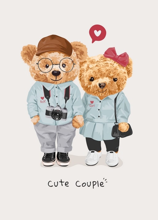 Teddybär-Pärchen hält Pfoten unter einem Herzballon, Postkarte „Cute Couple“