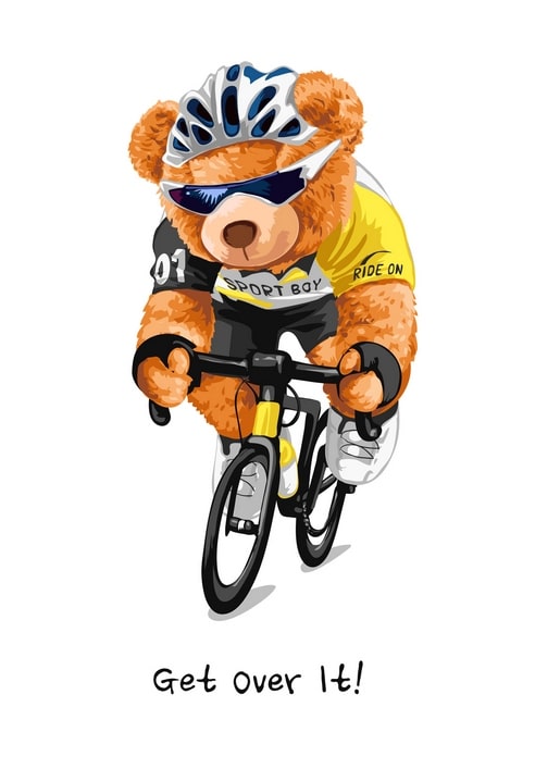 Illustrierter Teddybär als Radfahrer in gelbem Trikot, Helm und Sonnenbrille
