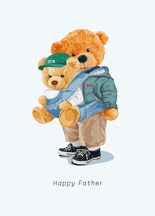 Postkarte mit Teddybär-Papa, der ein Baby-Bärchen im Tragetuch trägt