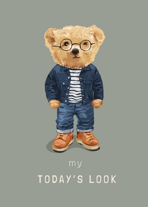 Teddy bear in a denim jacket, striped shirt, and orange boots against a sage green background