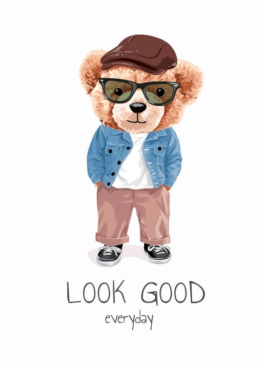 Illustrierter Teddybär mit Schiebermütze, Sonnenbrille und Jeansjacke