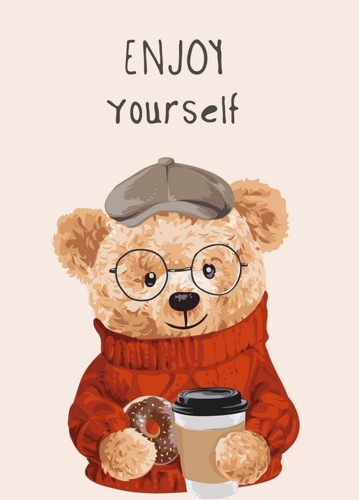 Illustrierter Teddybär in rotem Pullover und Schiebermütze mit Donut und Kaffeebecher