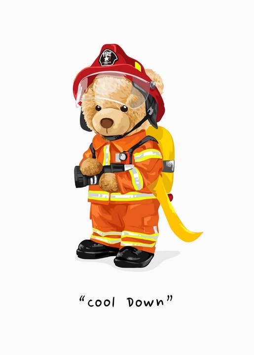 Illustrierter Teddybär als Feuerwehrmann in oranger Schutzkleidung mit Helm und Schlauch