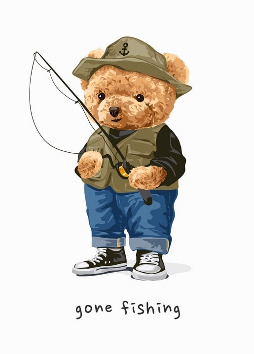 Postkarte mit Teddybär als Angler mit Hut und Angelrute in den Pfoten