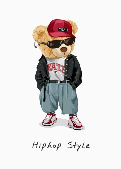 Teddybär mit roter Kappe, Sonnenbrille und Lederjacke, Aufschrift „Hiphop Style“