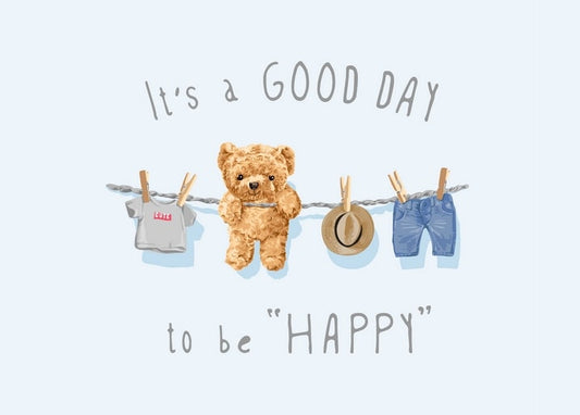 Illustrierter Teddybär hängt an der Wäscheleine mit T-Shirt, Strohhut und Jeans