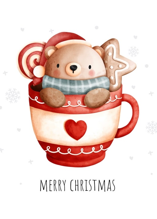 Teddybär mit Weihnachtsmütze sitzt in einer Herz-Tasse mit Lolli und Lebkuchenstern