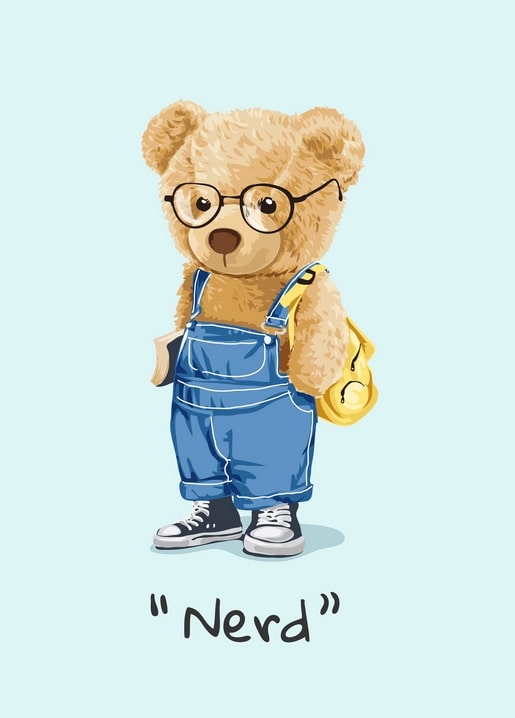 Illustrierter Teddybär mit runder Brille, Latzhose und gelbem Rucksack