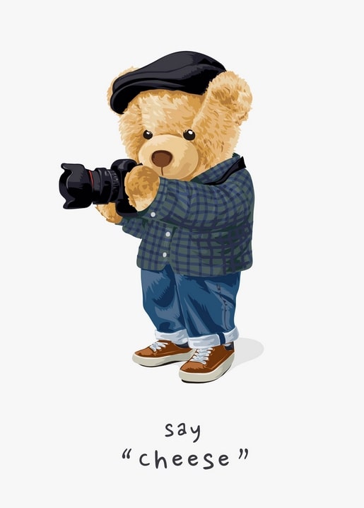 Teddybär mit Schiebermütze fotografiert mit einer Kamera, Postkarte „Say Cheese“