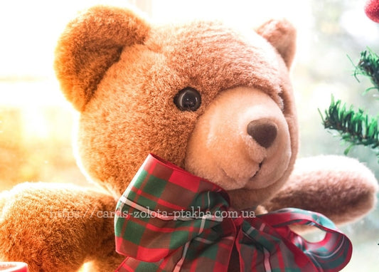 Nahaufnahme eines braunen Teddybären mit rot-grüner Karoschleife am sonnigen Fenster