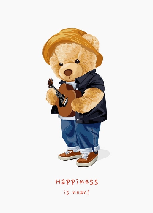 Postkarte mit Teddybär im Strohhut beim Gitarrespielen