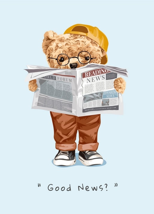 Postkarte mit Teddybär mit Brille beim Zeitungslesen