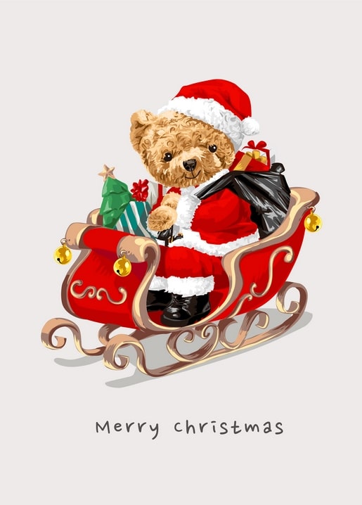 Illustrierter Teddybär als Weihnachtsmann auf rotem Schlitten mit Geschenken