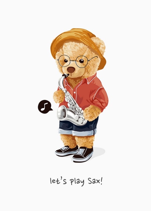 Illustration eines Teddybären mit runder Brille und Strohhut, der Saxophon spielt