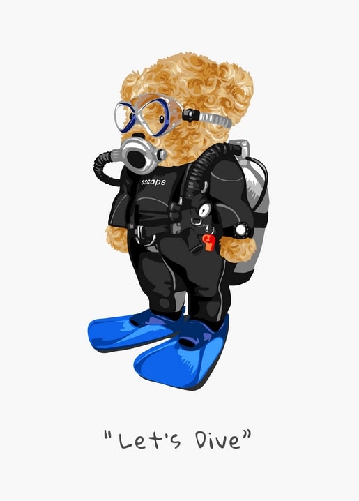 Illustrierter Teddybär als Taucher mit Maske, Tank und blauen Flossen