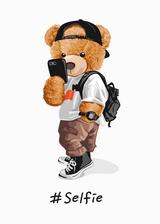 Illustration eines Teddybären, der mit Rückwärtskappe und Rucksack ein Handy-Selfie macht