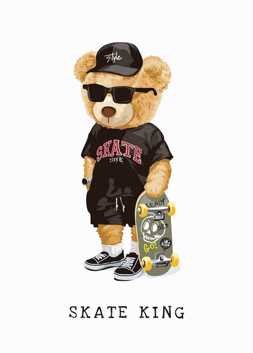Teddybär als Skater mit Sonnenbrille, Cap und Totenkopf-Skateboard, Aufschrift „Skate King“