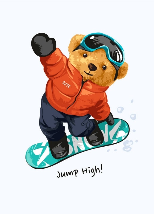 Teddybär springt mit Snowboard durch Schnee, Postkarte „Jump High!“