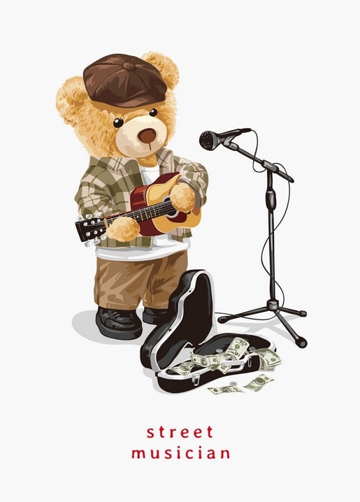 Illustration eines Teddybären als Straßenmusiker mit Gitarre, Mikrofonständer und Geldkoffer