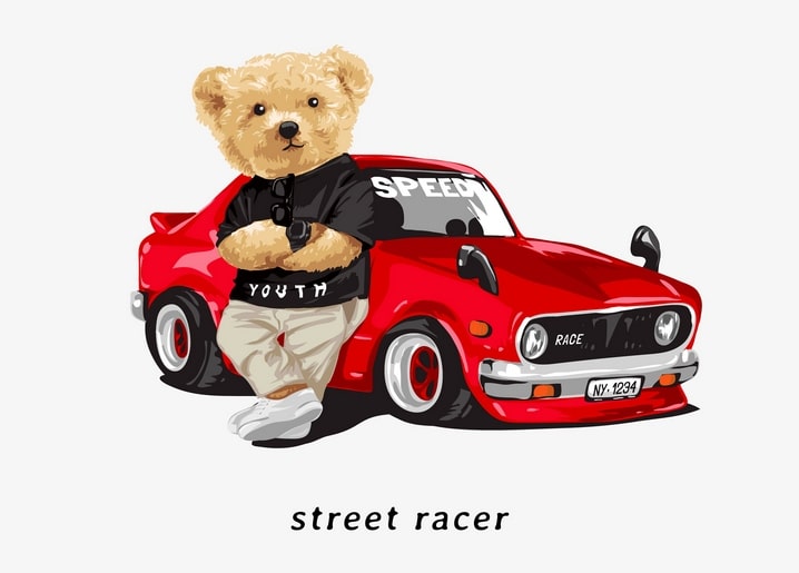 Illustrierter Teddybär im Rennfahrer-Look neben rotem Oldtimer-Sportwagen mit Unterschrift „street racer“
