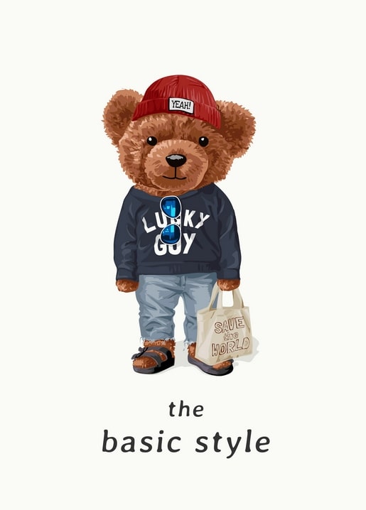 Illustrierter Teddybär mit roter Mütze und Sonnenbrille, mit Stofftasche in der Pfote