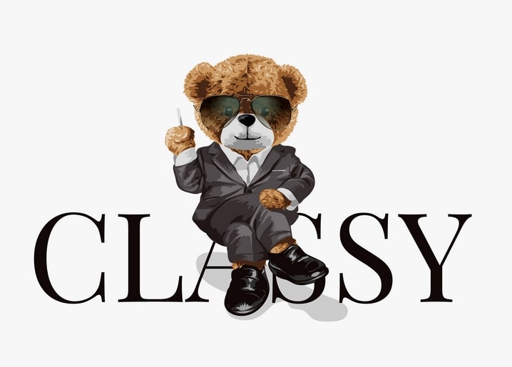 Illustrierter Teddybär mit Sonnenbrille und grauem Anzug