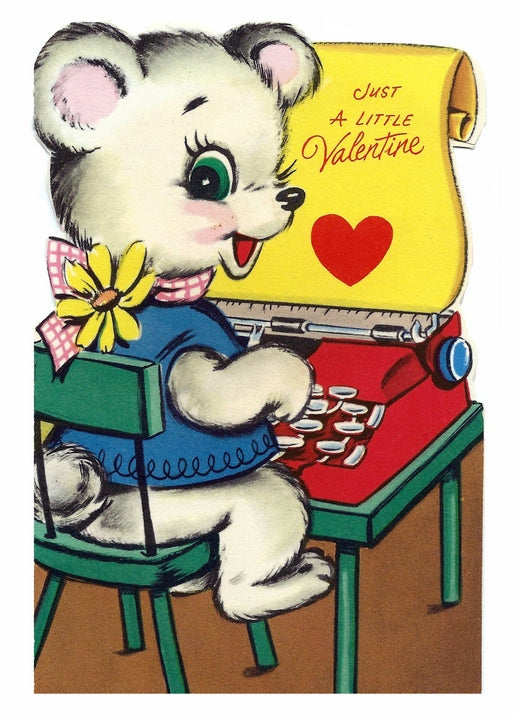 Vintage cartoon teddy bear typing on a red typewriter with a 'Just a Little Valentine' note