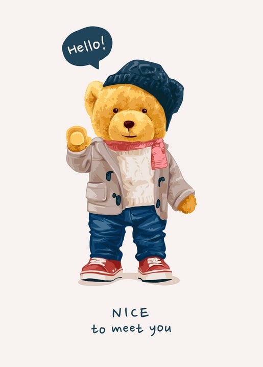 Postkarte mit Teddybär in Mütze und Schal, der winkt