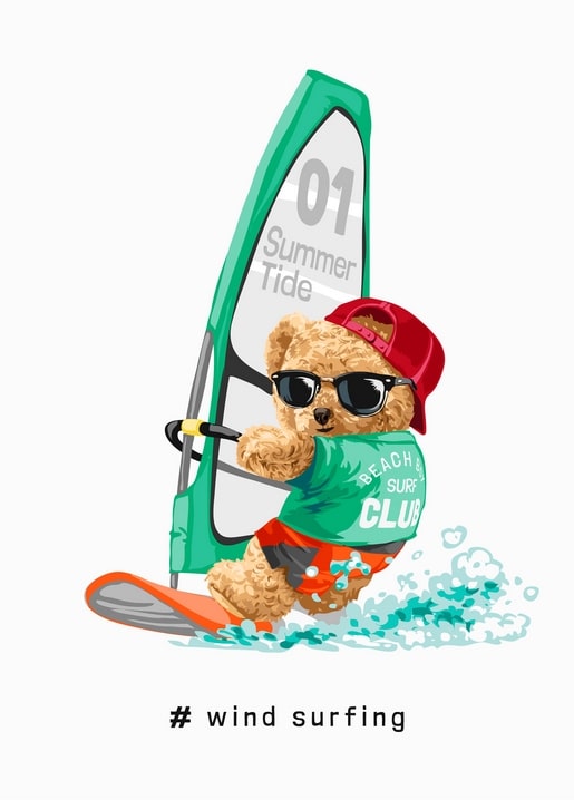 Illustration eines Teddybären mit Sonnenbrille und roter Kappe beim Windsurfen in den Wellen