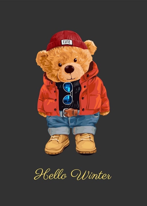 Illustrierter Teddybär mit roter Mütze und oranger Steppjacke im Winter