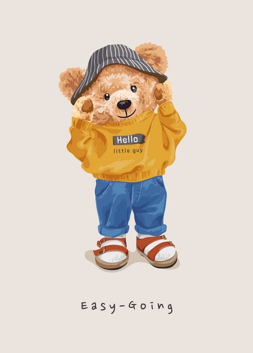 Illustrierter Teddybär in senffarbenem Pullover, gestreiftem Fischerhut, Jeans und Sandalen