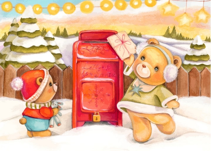 Zwei Teddybären stecken einen Brief an den Weihnachtsmann in einen roten Briefkasten im Schnee