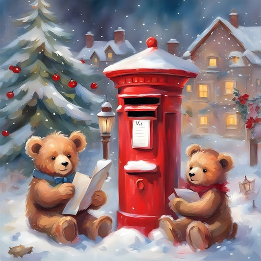 Two teddy bears reading letters beside a red postbox in the snow at Christmas