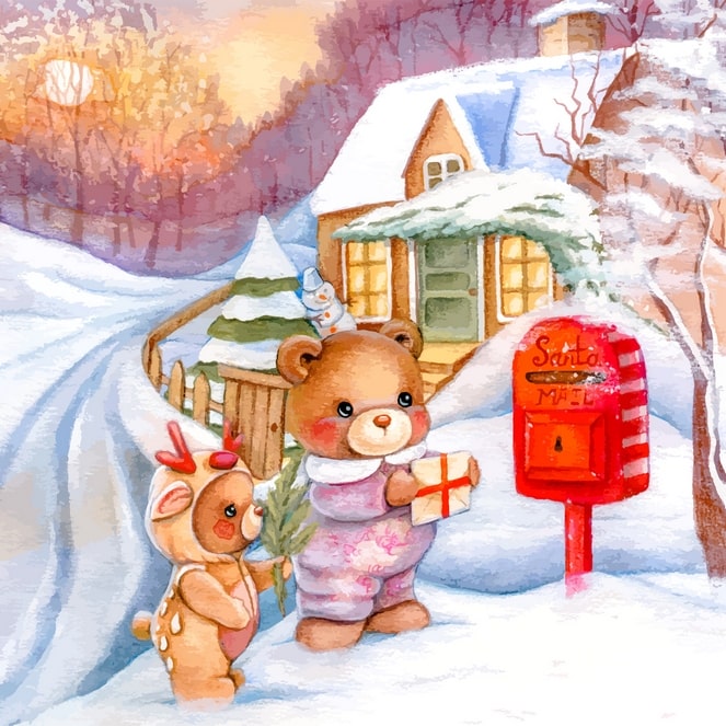 Teddybär und Rentier-Bärchen bringen ein Geschenk zu Santas rotem Briefkasten vor einem Häuschen