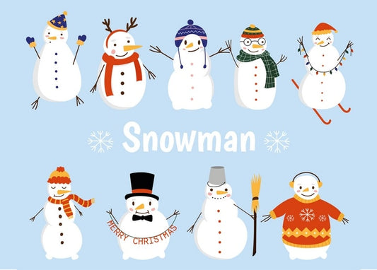 Illustrated set of ten snowmen wearing different hats, scarves, and winter outfits