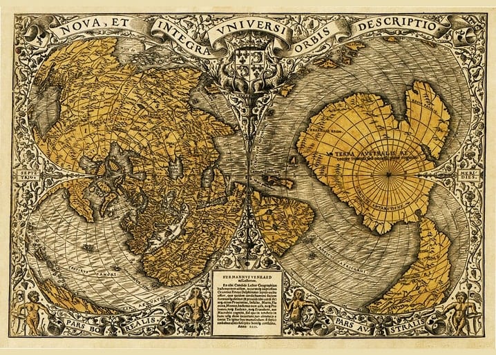 Антична чорно-золота карта світу з материком Terra Australis під гербовим картушем