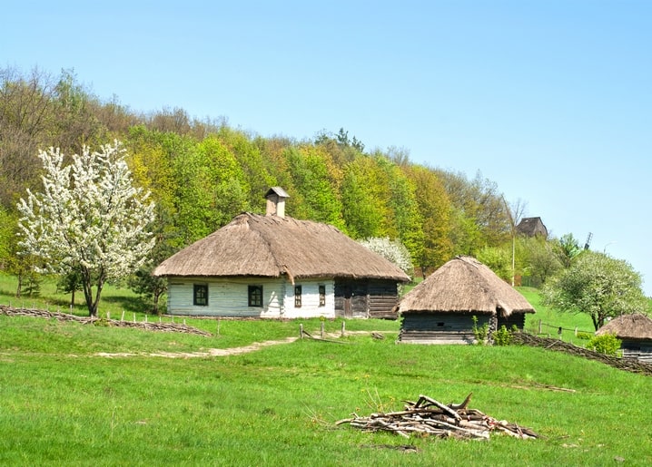 Traditional thatched-roof houses on a green hillside among blossoming spring trees