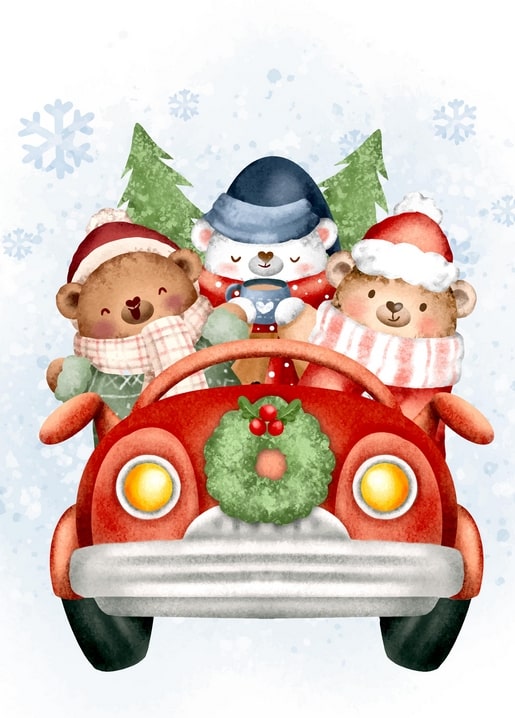 Drei Aquarell-Bären in einem roten Oldtimer mit Adventskranz im Schnee