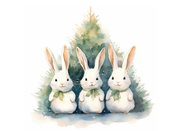 Drei weiße Hasen mit grünen Schleifen vor einem Aquarell-Weihnachtsbaum
