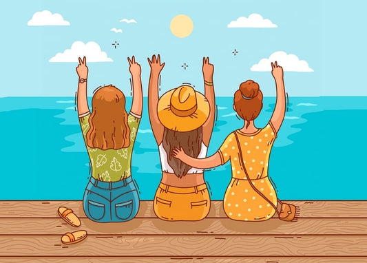 Illustrated postcard of three friends sitting on a pier with hands raised to the sea and sun