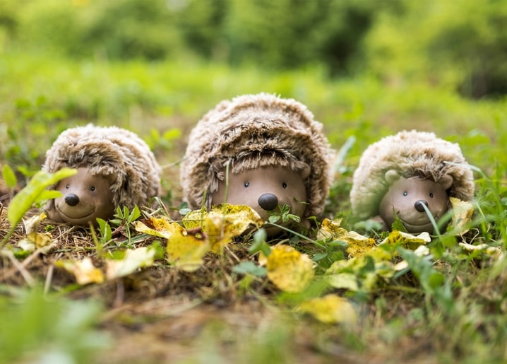 Three hedgehog figurines of different sizes nestled in grass among yellow autumn leaves