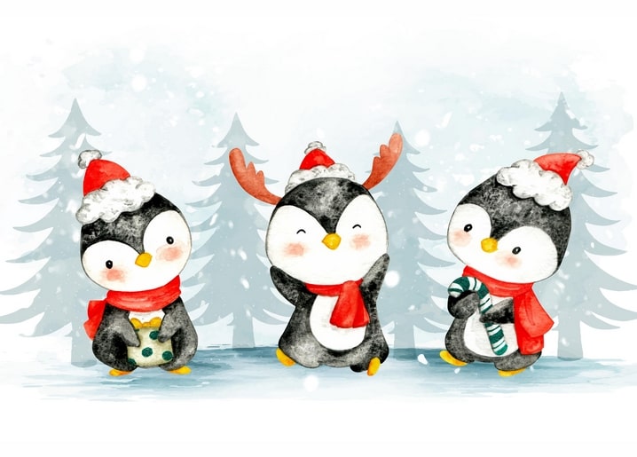 Aquarell-Pinguine mit Weihnachtsmützen, einer mit Rentiergeweih, im verschneiten Wald